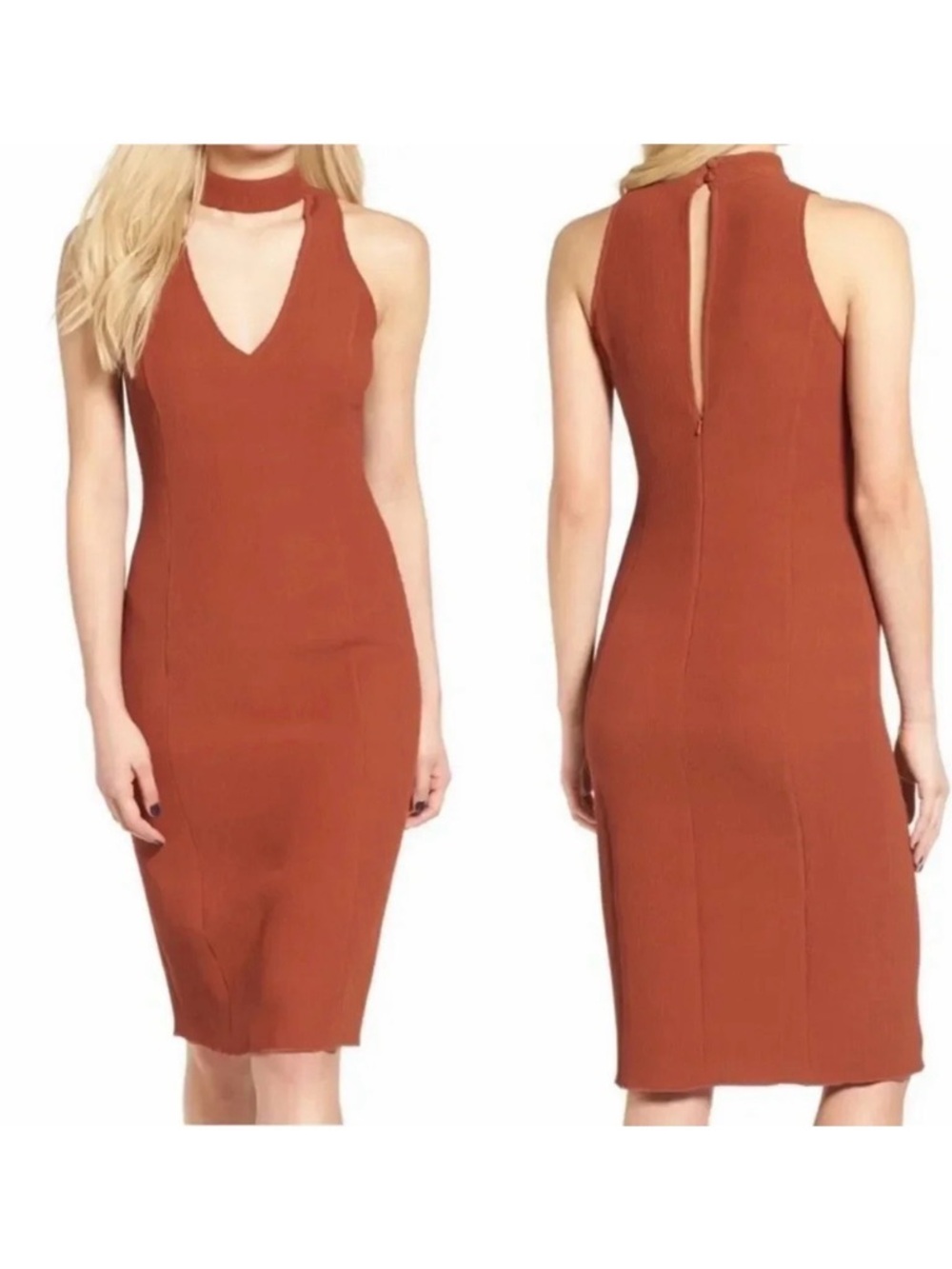 Leith Ribbed Bodycon Midi Dress Rust Choker Cutout Sleeveless Size S